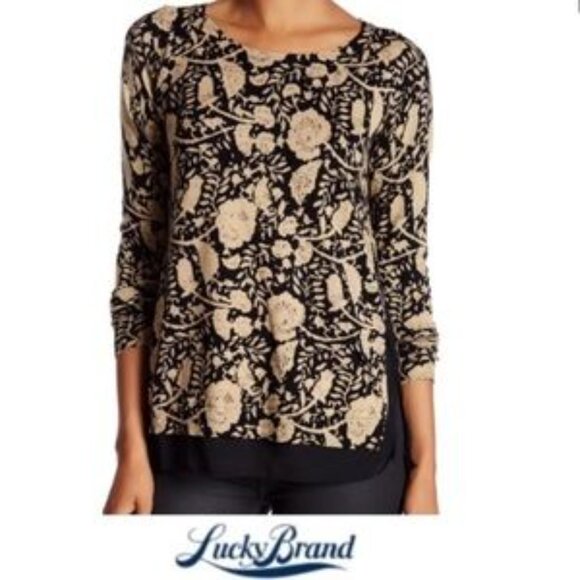 Lucky Brand Size Large Dark Floral Lightweight Sweater Chiffon Hem Cottagecore - Picture 8 of 8
